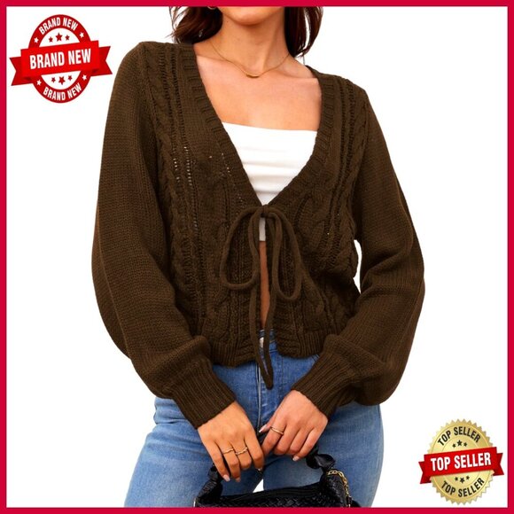 Sweaters - Cropped Tie Front Cardigan Sweater, Lightweight Knit, Long Sleeve, V-Neck